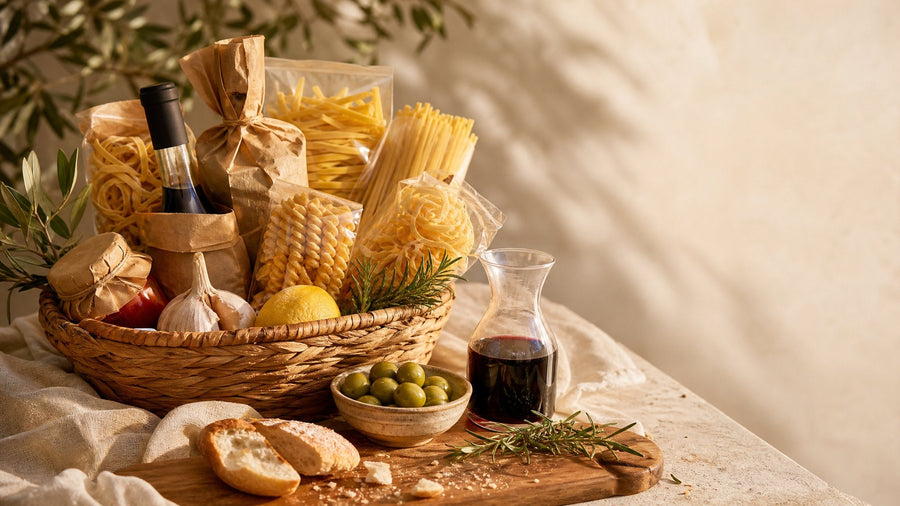 Editorial food photograph of pasta gift basket, natural light, no text