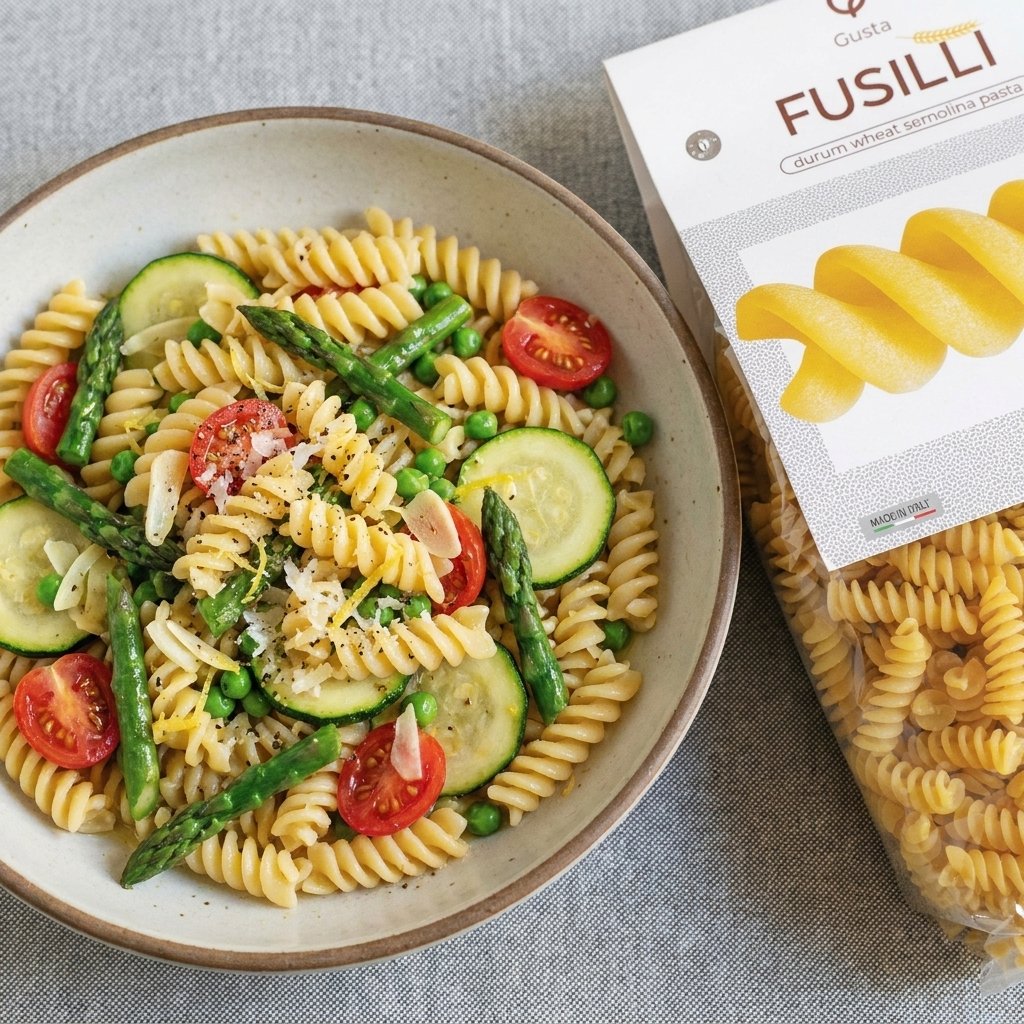 Pasta Primavera plated with Gusta Fusilli Pasta alongside