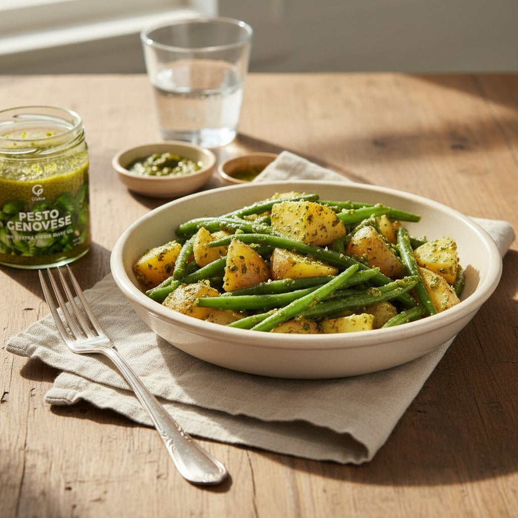 Patate e Fagiolini al Pesto plated, with the Gusta Genovese Pesto alongside
