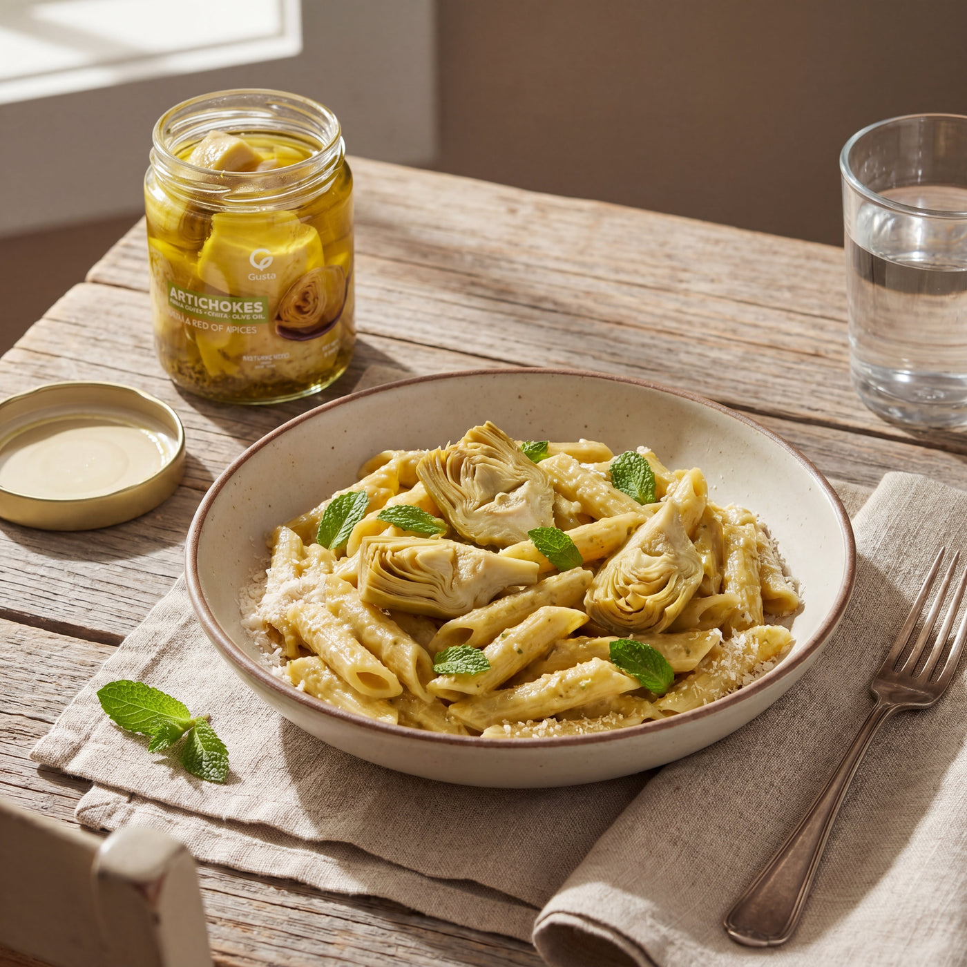 Penne ai Carciofi with artichoke cream and whole artichoke pieces, with the Gusta artichokes jar alongside