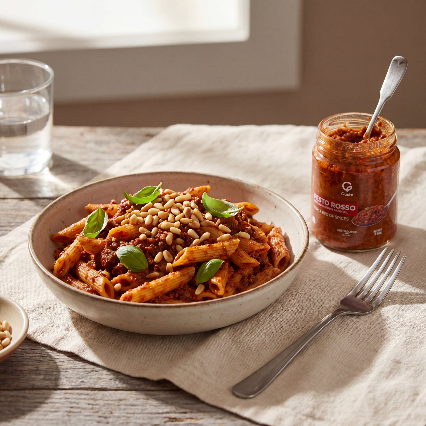 Penne al Pesto Rosso plated with pine nuts and basil, with the Gusta Pesto Rosso jar alongside