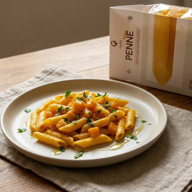 Penne alla Zucca in pumpkin sauce with the Gusta penne package alongside