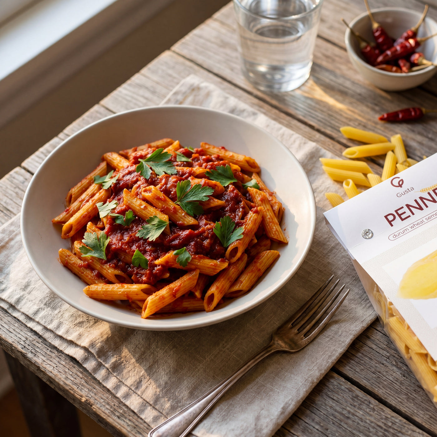Penne all Arrabbiata plated in a ceramic bowl, with the Gusta penne package alongside