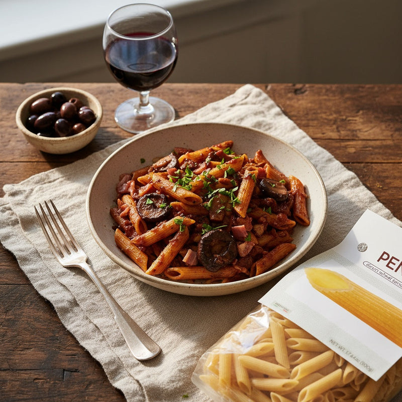Penne Boscaiola with porcini mushrooms and pancetta, with the Gusta penne package alongside