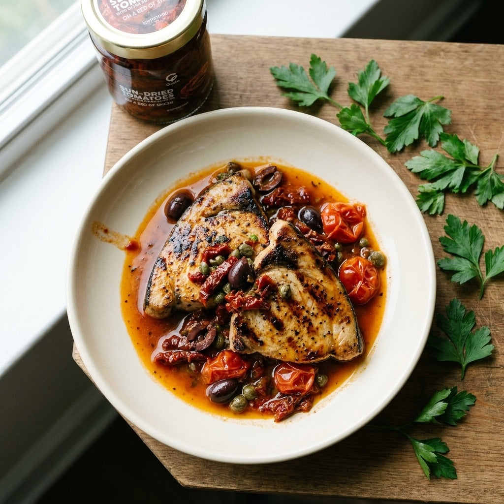 Pesce Spada alla Siciliana plated, with the Gusta Sun-Dried Tomatoes in Olive Oil alongside