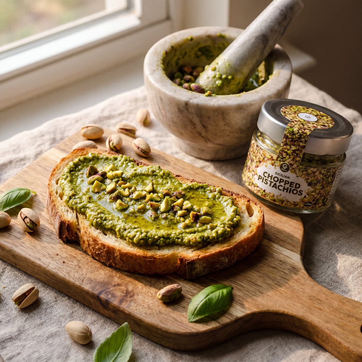 Pesto di Pistacchio plated, with the Gusta chopped pistachios alongside
