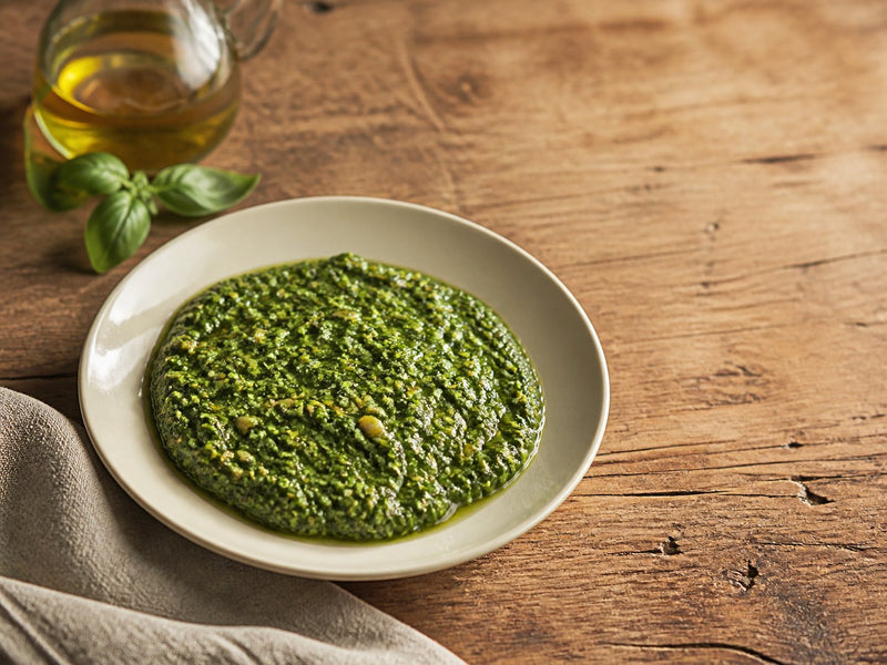 Editorial food photograph of pesto genovese, natural light, no text