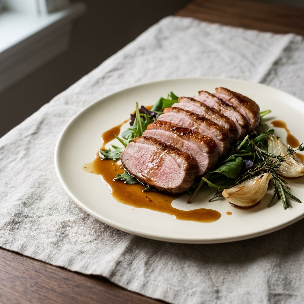 Sliced duck breast with balsamic sauce and mixed greens