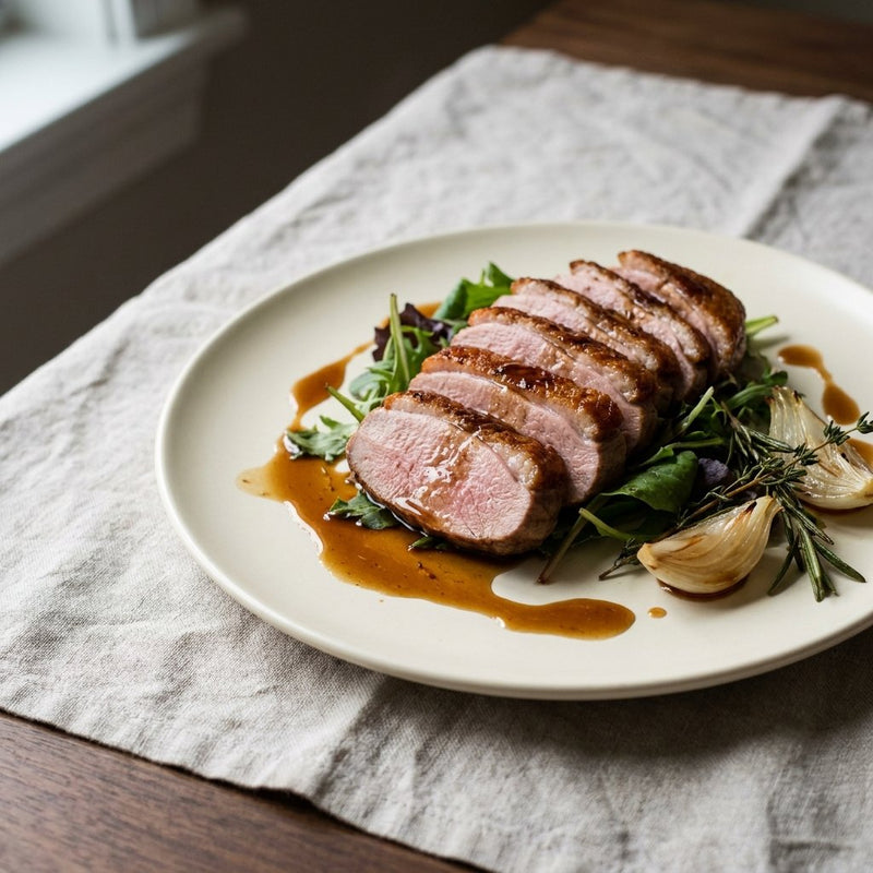 Sliced duck breast with balsamic sauce and mixed greens