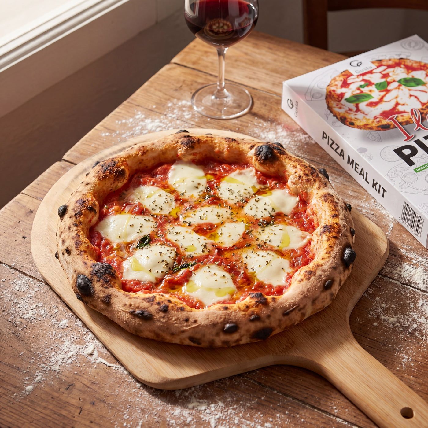 Homemade Italian pizza with blistered crust, mozzarella, and the Gusta Pizza Meal Kit alongside