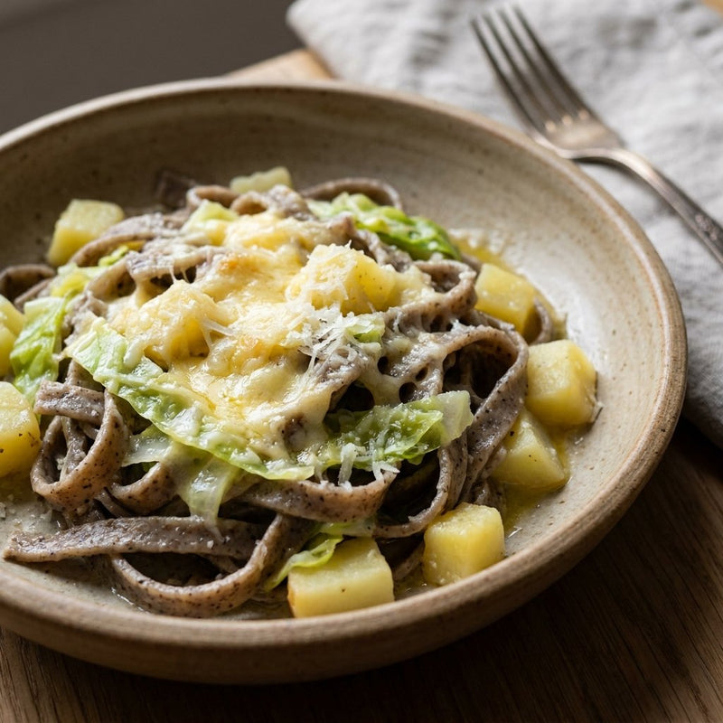 Pizzoccheri with cabbage, potatoes, and melted cheese