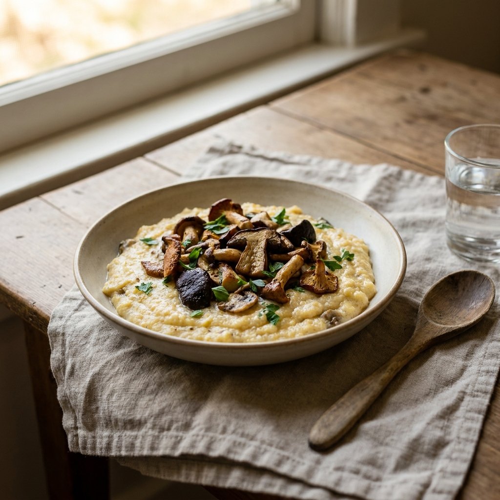 Polenta ai Funghi served with browned mushrooms and parsley