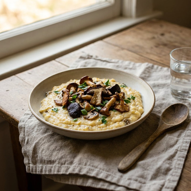 Polenta ai Funghi served with browned mushrooms and parsley