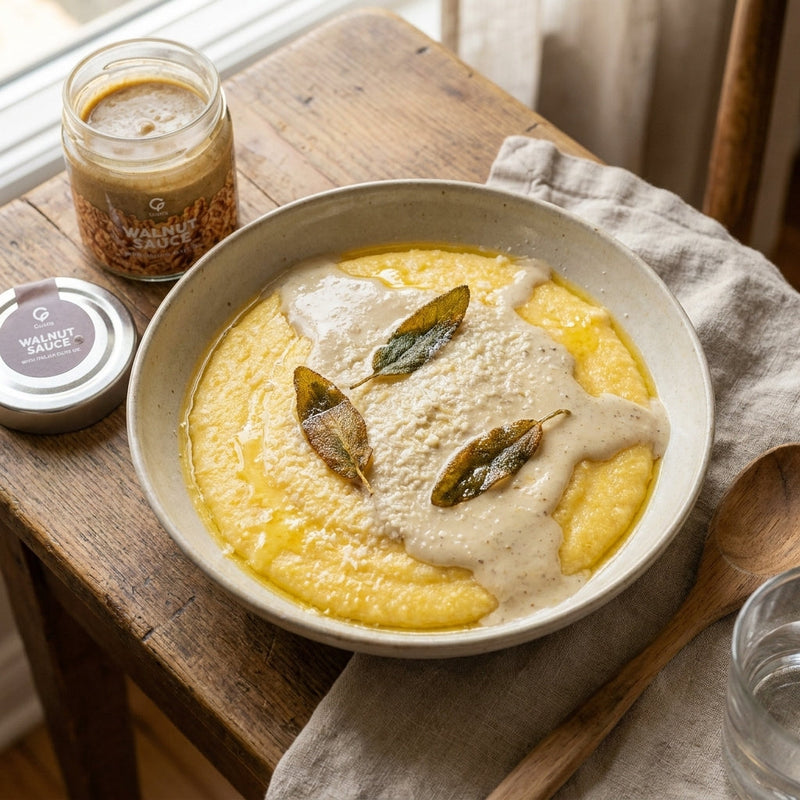 Polenta Morbida con Salsa di Noci in a wide bowl, with the Gusta Walnut Sauce alongside