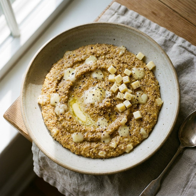 Polenta Taragna in a warm bowl with melted cheese and black pepper