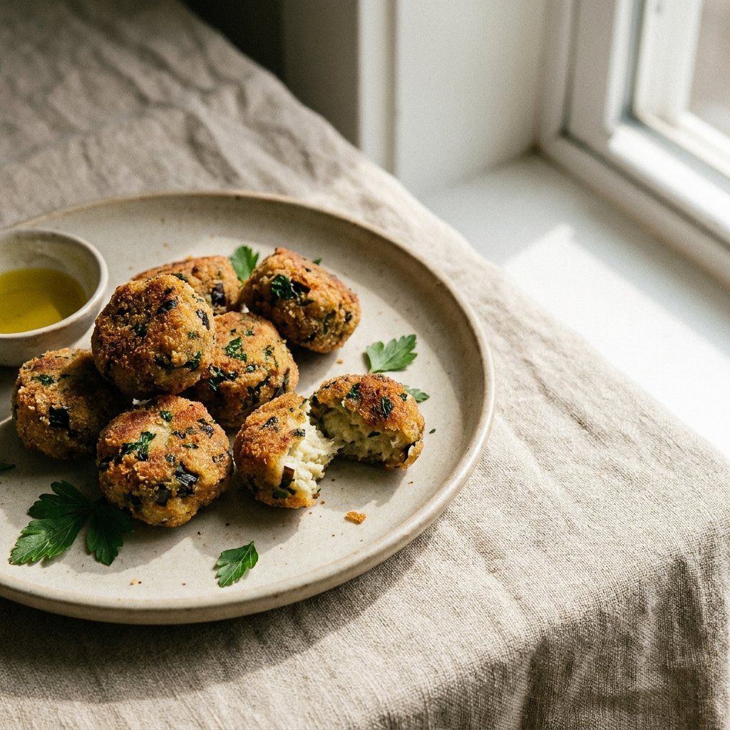 Polpette di Melanzane plated for the Gusta Recipe Book