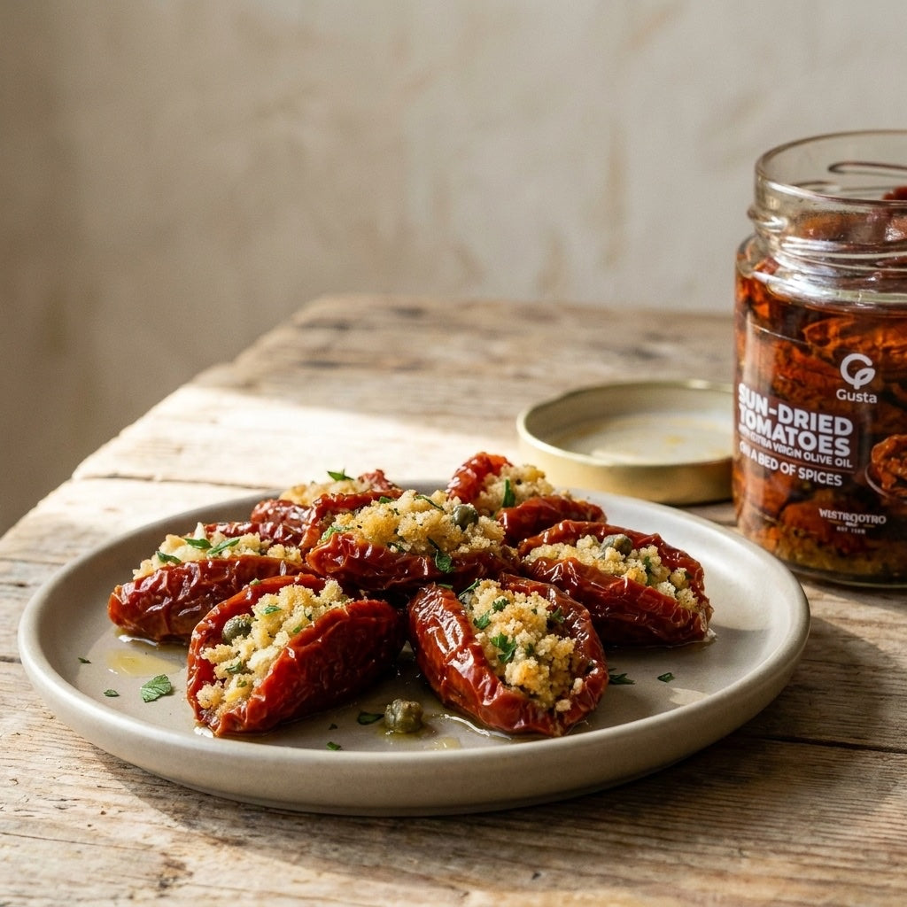 Pomodori Secchi Ripieni alla Siciliana plated with Gusta sun-dried tomatoes alongside