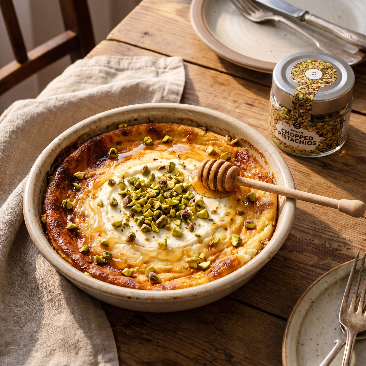 Ricotta al Forno con Pistacchi e Miele in a baking dish, with the Gusta chopped pistachios alongside