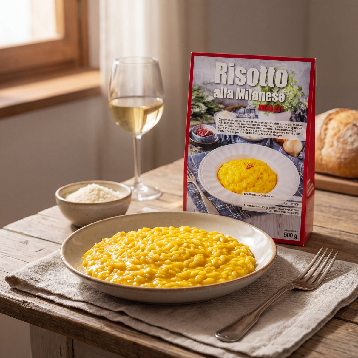 Risotto alla Milanese plated all'onda with the Gusta Meal Kit alongside