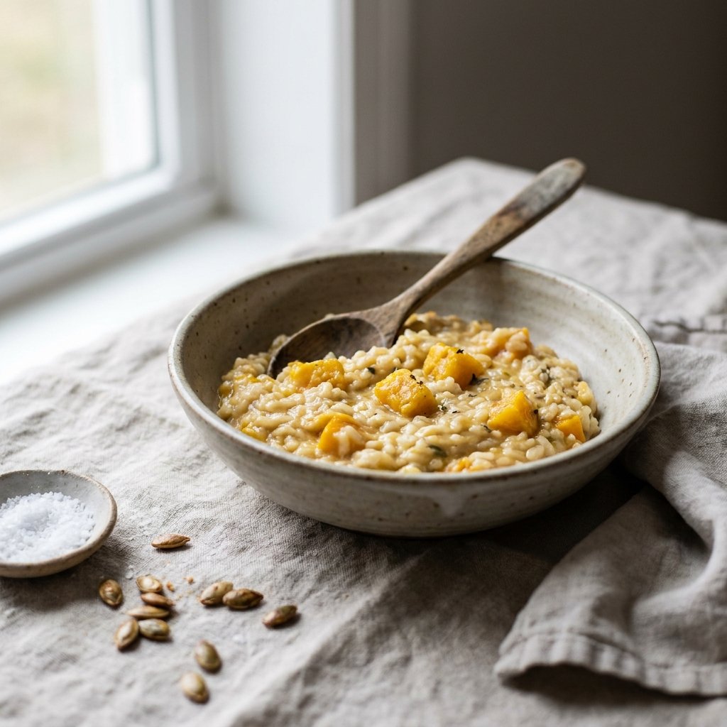 Risotto alla Zucca spread onto a shallow plate with roasted pumpkin and sage