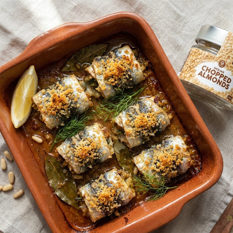 Sarde a Beccafico baked, with the Gusta Chopped Almonds alongside