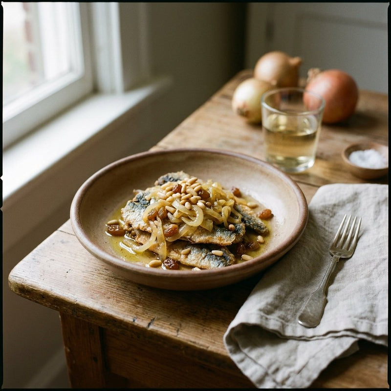 Sarde in Saor plated for the Gusta Recipe Book