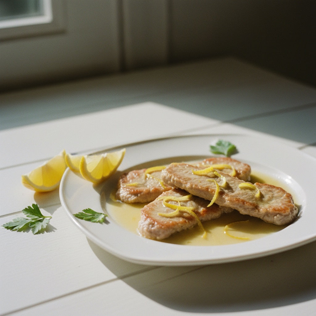 Scaloppine al Limone plated — thin veal cutlets in lemon-butter sauce with fresh parsley