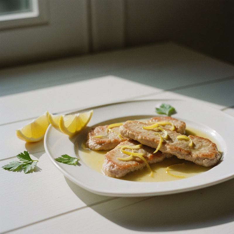 Scaloppine al Limone plated — thin veal cutlets in lemon-butter sauce with fresh parsley