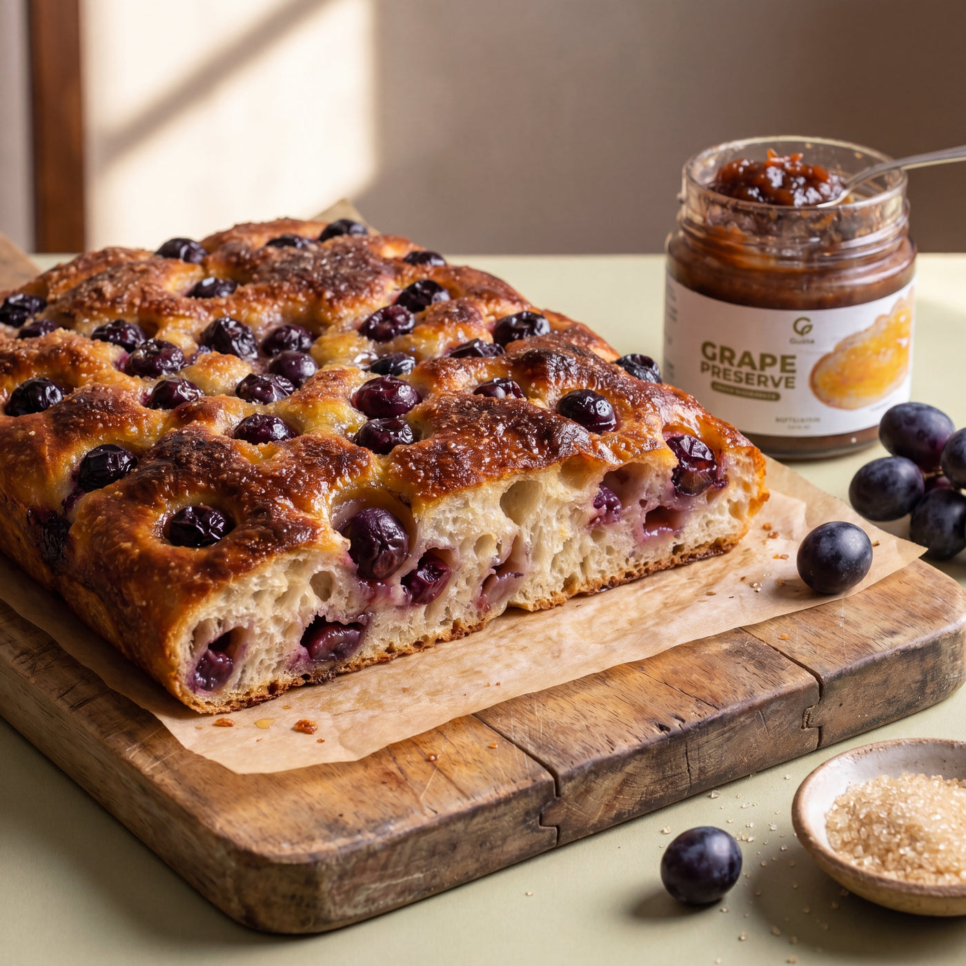 Schiacciata con l'Uva freshly baked, with the Gusta grape preserve alongside