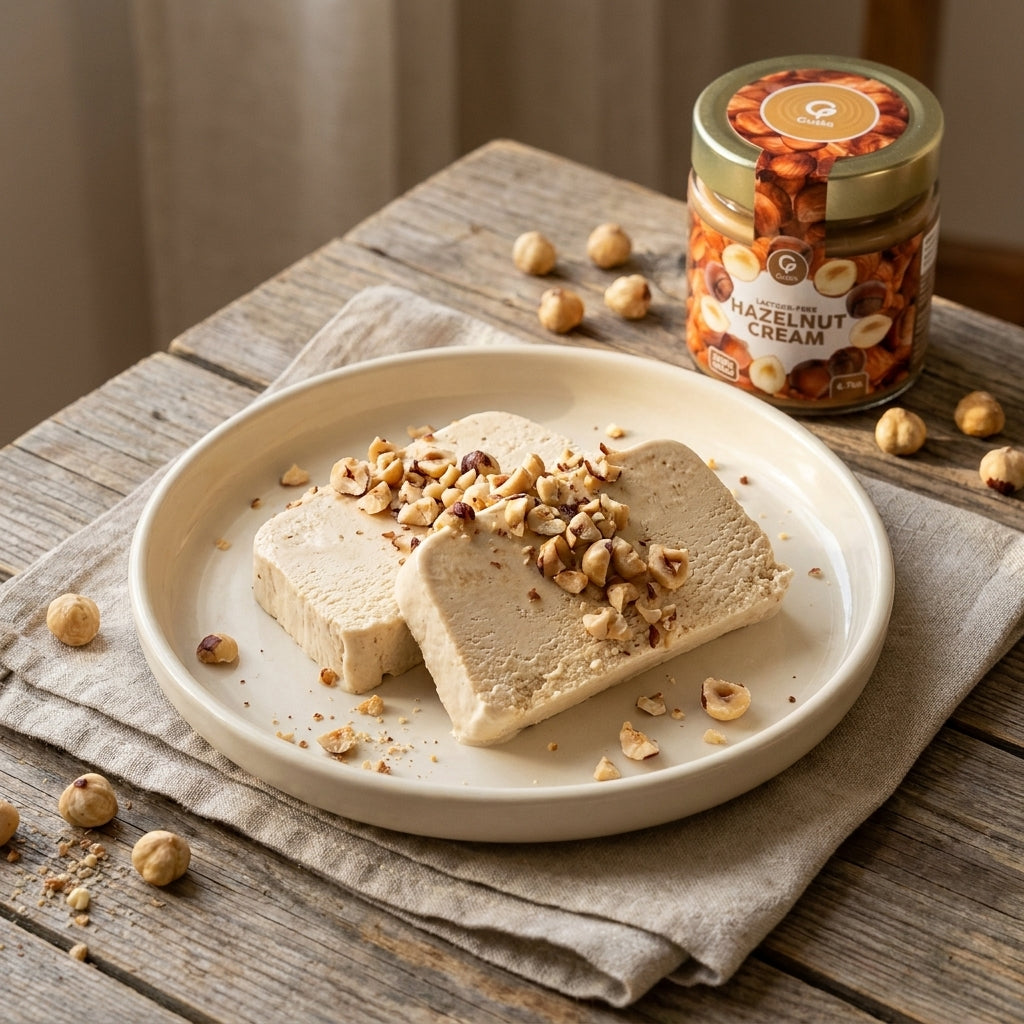 Semifreddo alla Nocciola plated, with the Gusta hazelnut cream jar alongside