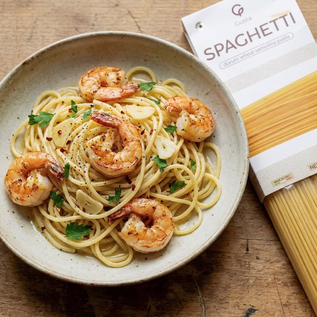 Shrimp Scampi plated with Gusta Spaghetti Pasta alongside