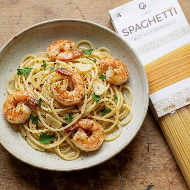 Shrimp Scampi plated with Gusta Spaghetti Pasta alongside