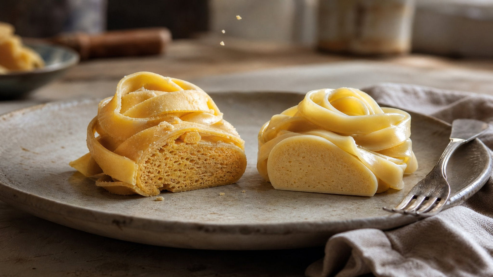 Editorial food photograph of slow dried vs fast dried pasta, natural light, no text