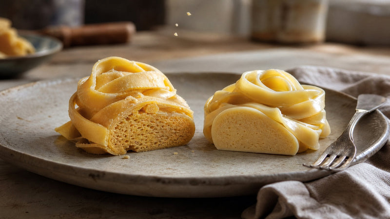 Editorial food photograph of slow dried vs fast dried pasta, natural light, no text