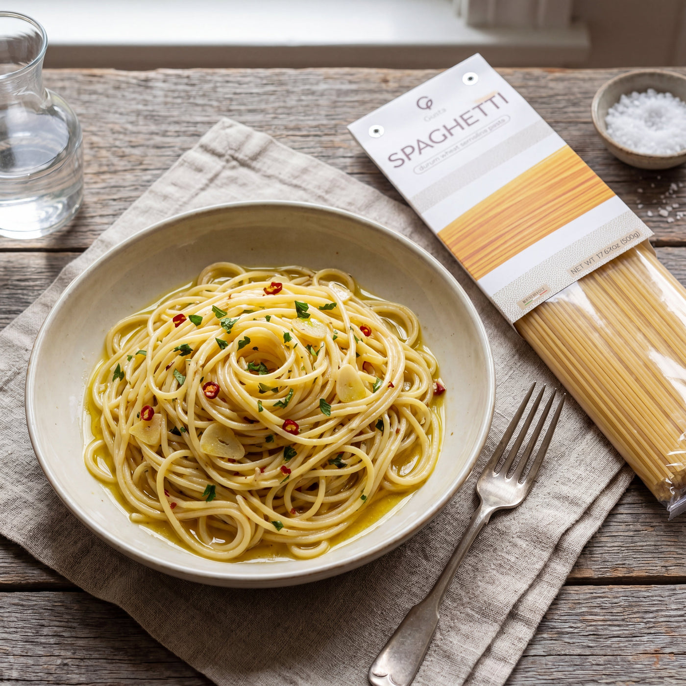 Spaghetti Aglio e Olio plated, with the Gusta spaghetti alongside