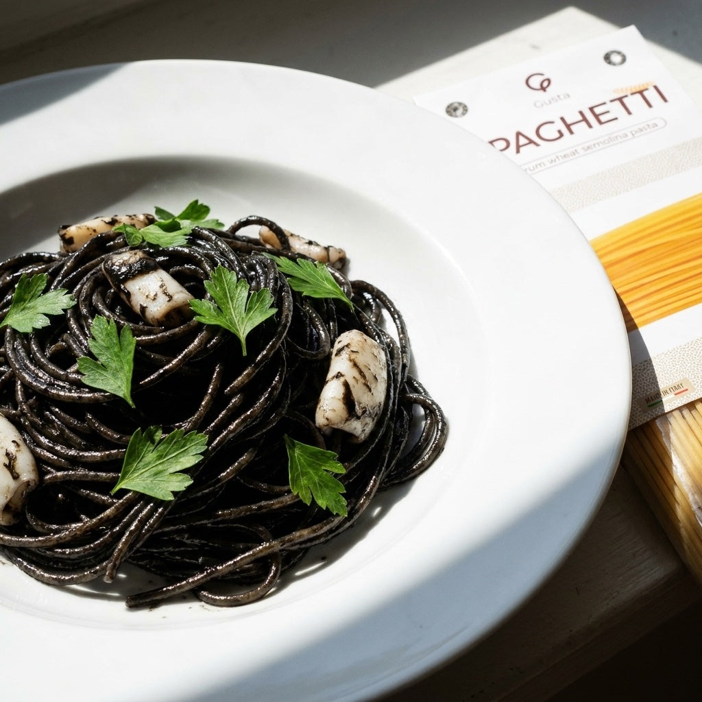Spaghetti al Nero di Seppia plated, with the Gusta Spaghetti Pasta alongside