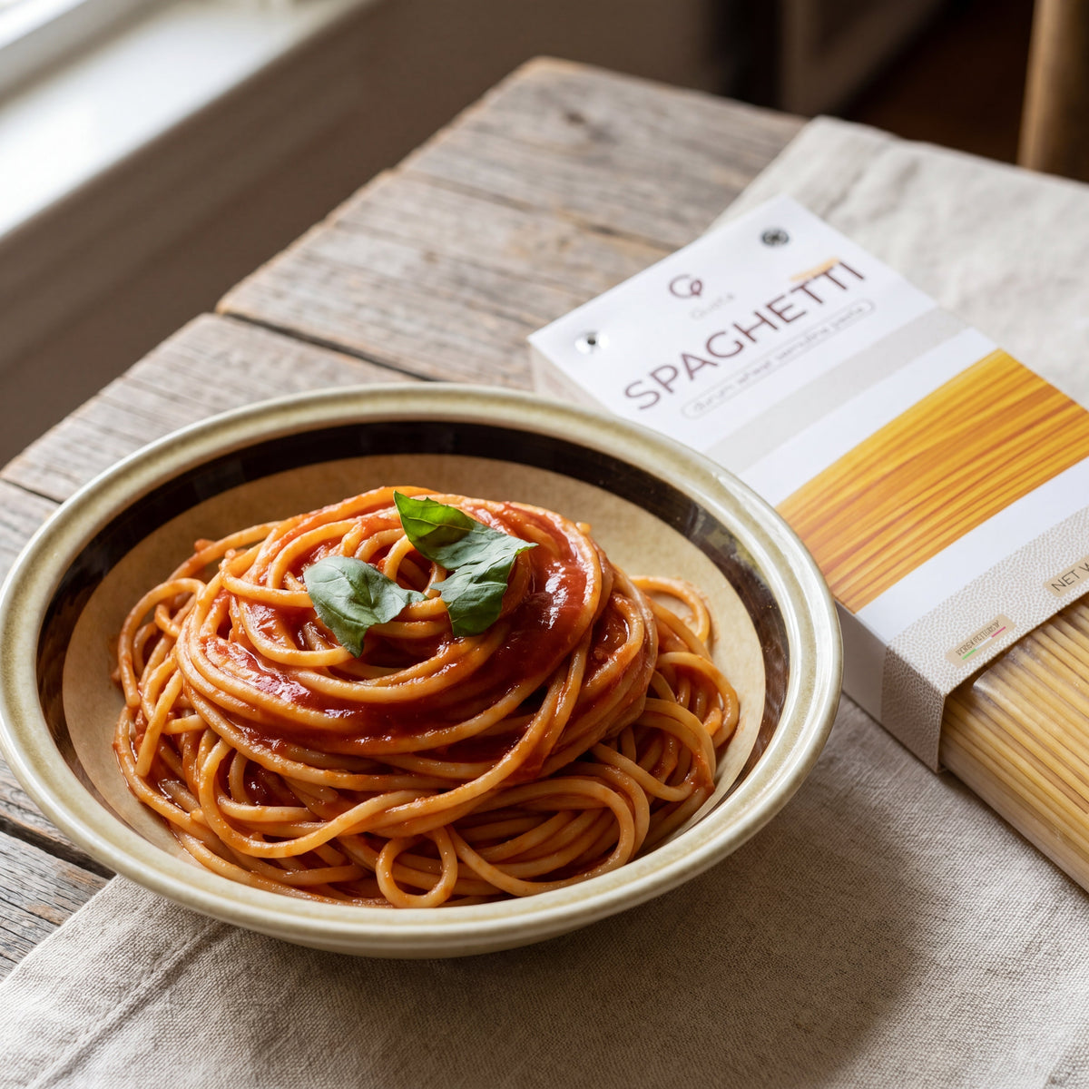 Spaghetti al Pomodoro in a smooth tomato sauce, Gusta spaghetti box alongside