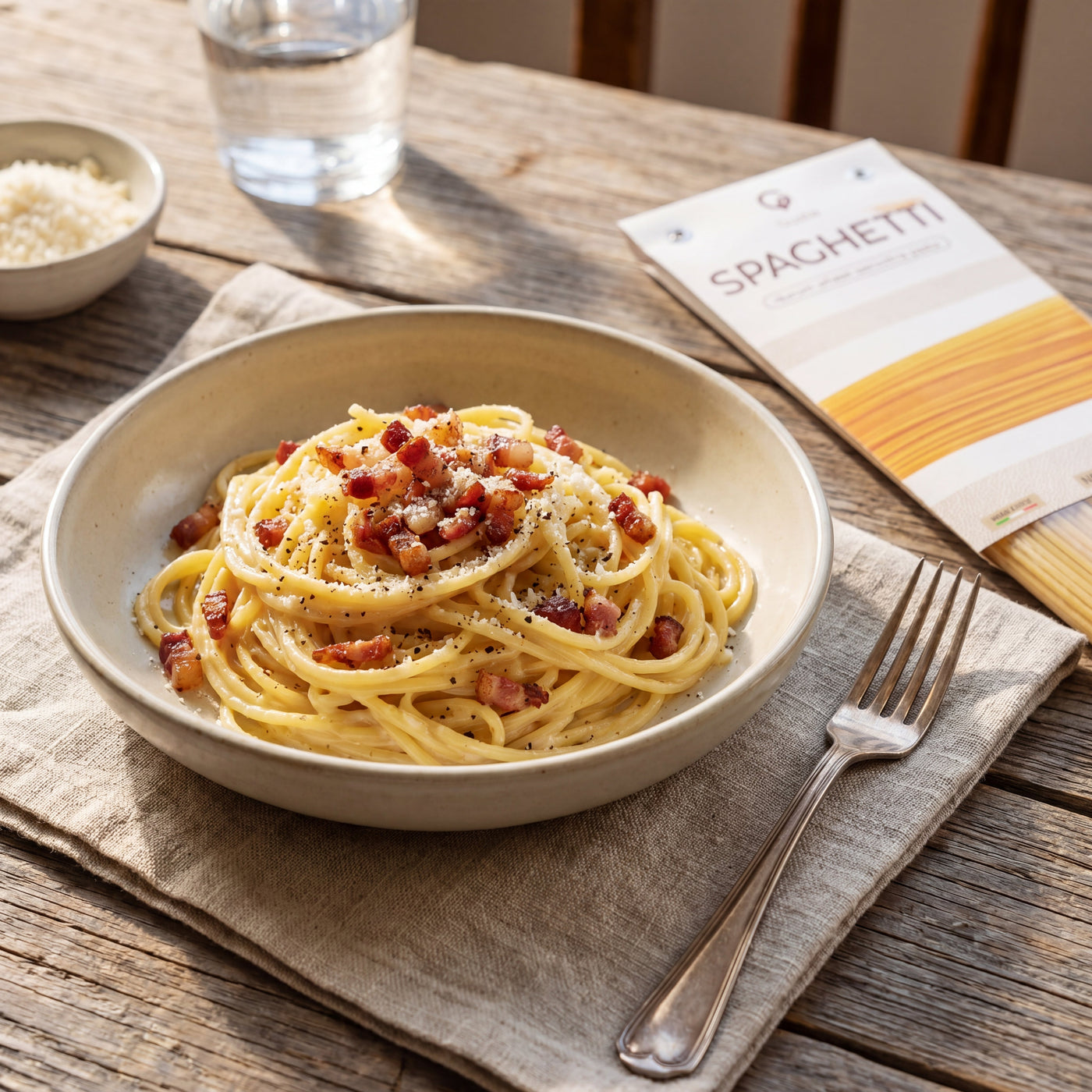 Spaghetti alla Carbonara plated, with the Gusta spaghetti alongside