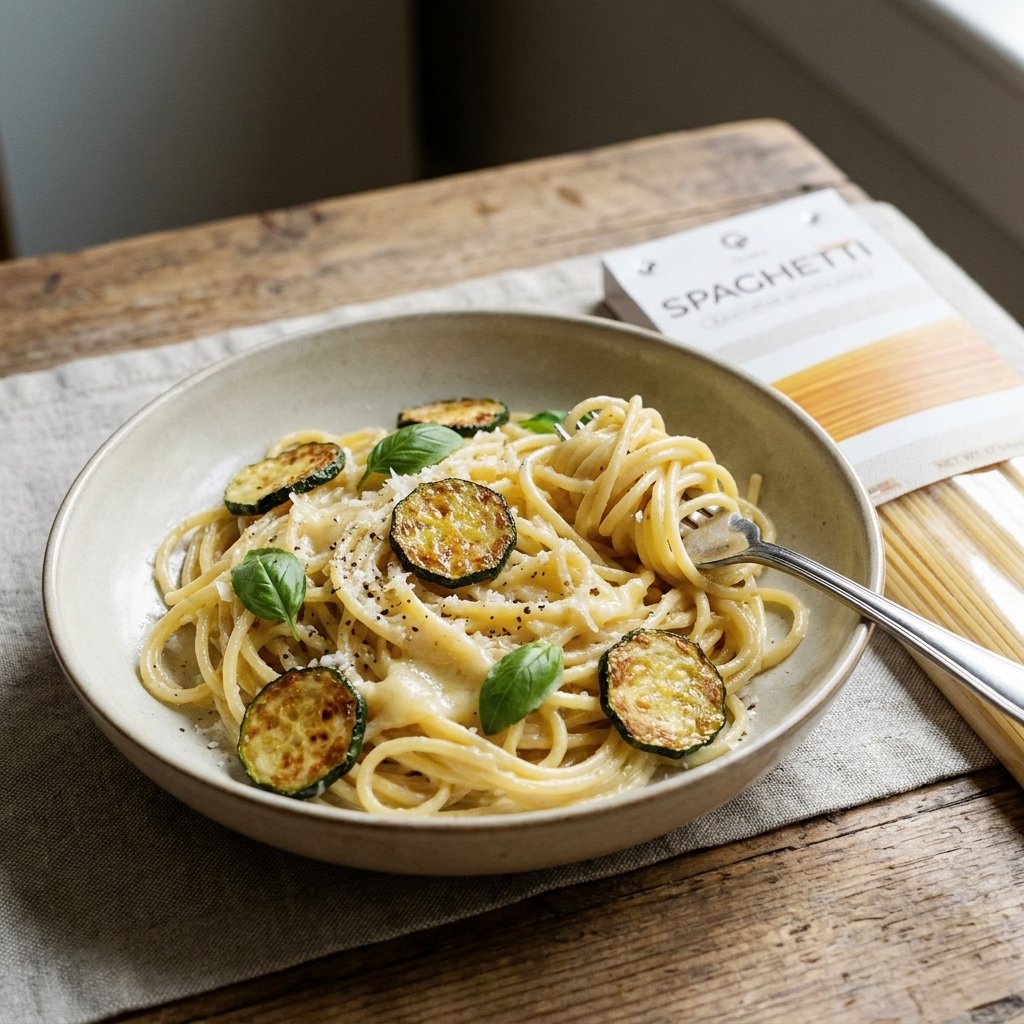 Spaghetti alla Nerano plated with Gusta Spaghetti Pasta alongside