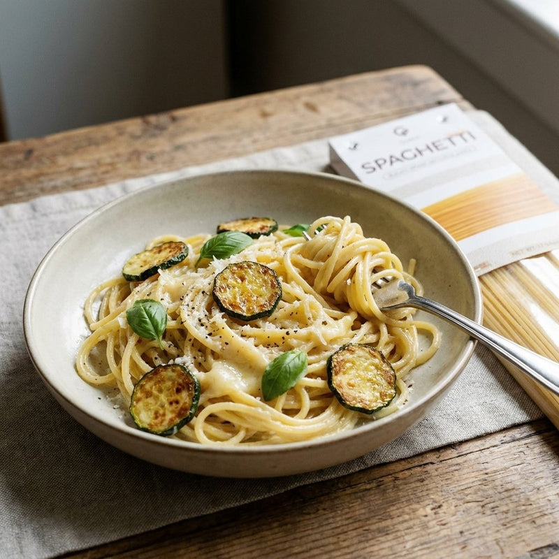 Spaghetti alla Nerano plated with Gusta Spaghetti Pasta alongside