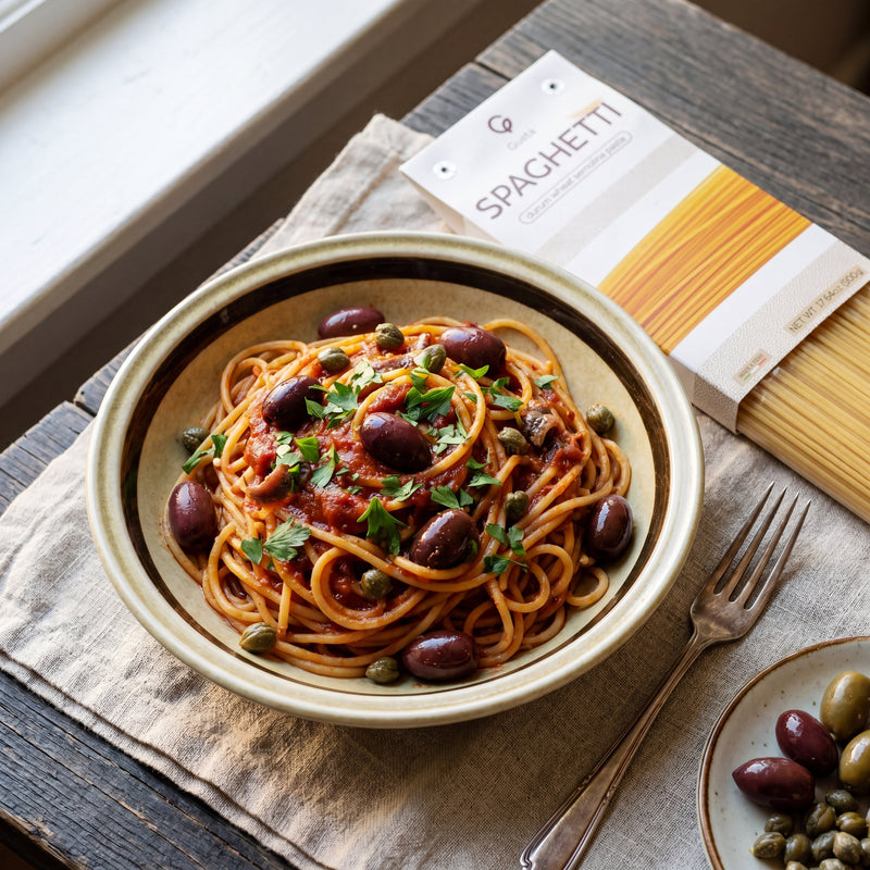 Spaghetti alla Puttanesca plated, with the Gusta spaghetti alongside