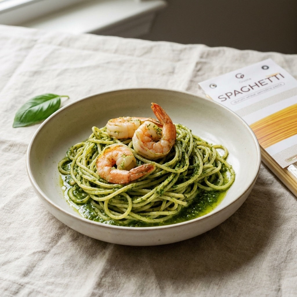 Spaghetti con Gamberi e Pesto Genovese plated, with the Gusta Spaghetti Pasta alongside