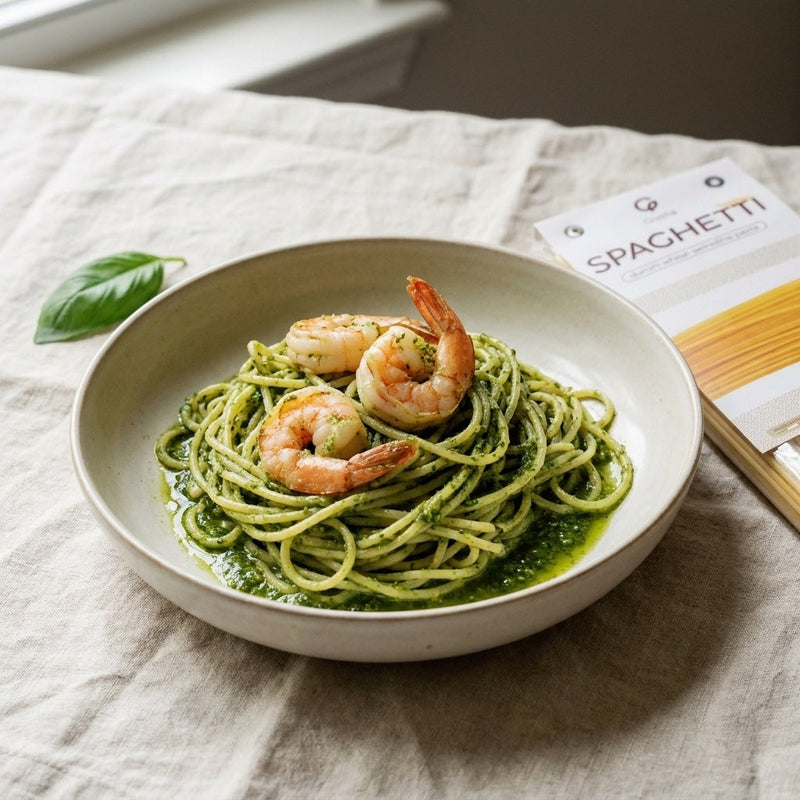 Spaghetti con Gamberi e Pesto Genovese plated, with the Gusta Spaghetti Pasta alongside