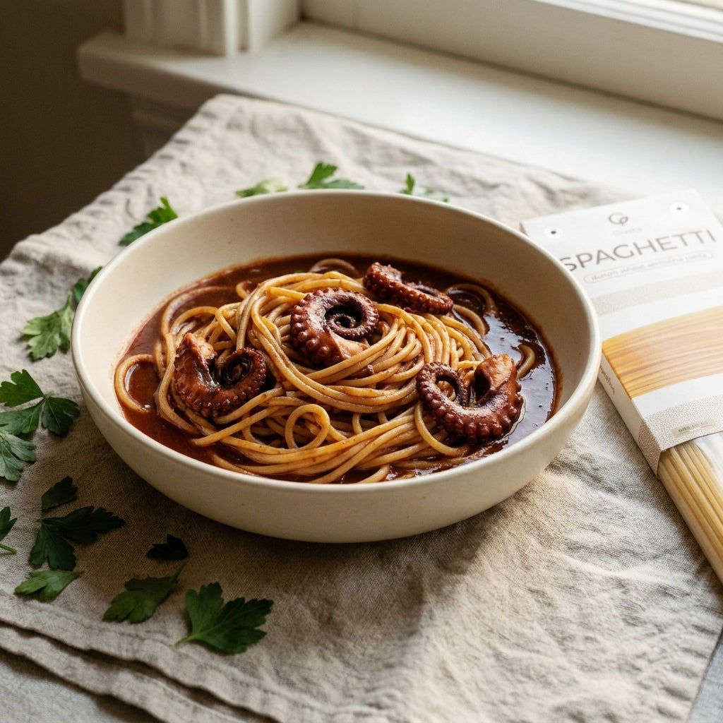 Spaghetti con Polpo in Umido plated, with the Gusta Spaghetti Pasta alongside