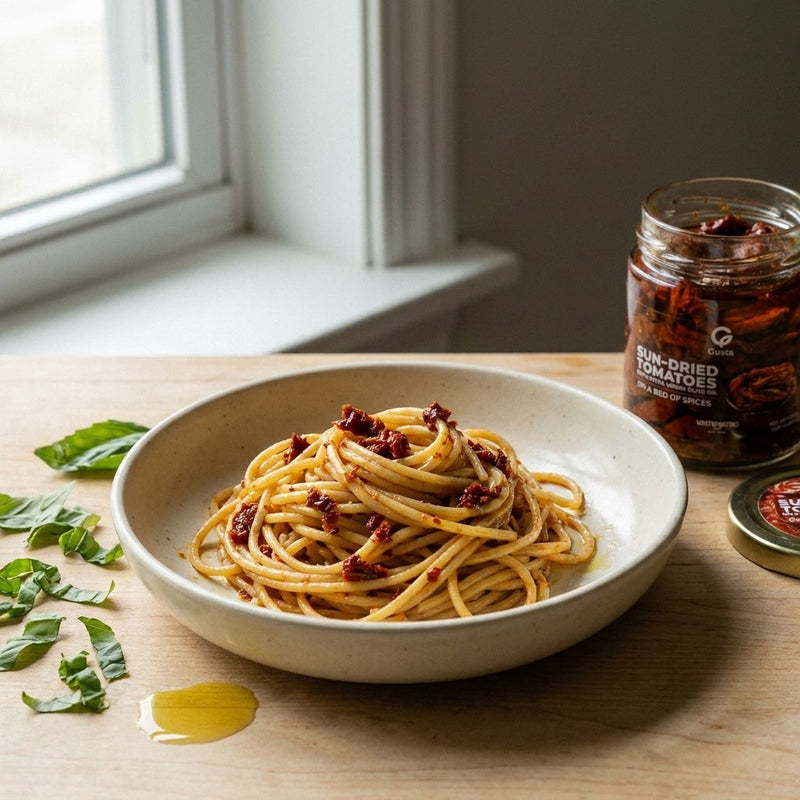 Spaghetti Siciliani con Capuliato plated with Gusta sun-dried tomatoes alongside