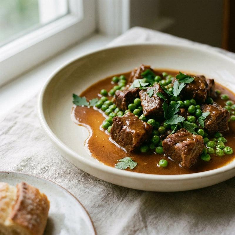 Spezzatino con Piselli plated, braised beef shoulder and spring peas in a wine-darkened sauce.