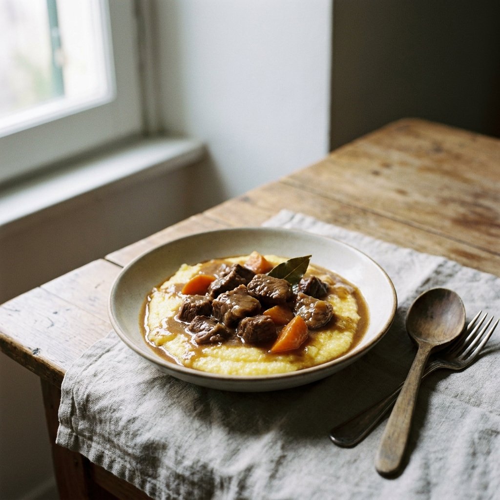 Spezzatino con Polenta served in a shallow bowl with tender beef and soft polenta