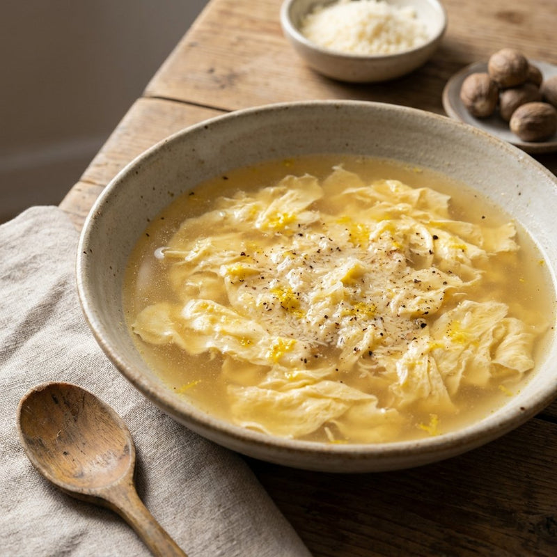 Stracciatella alla Romana in clear broth with egg ribbons