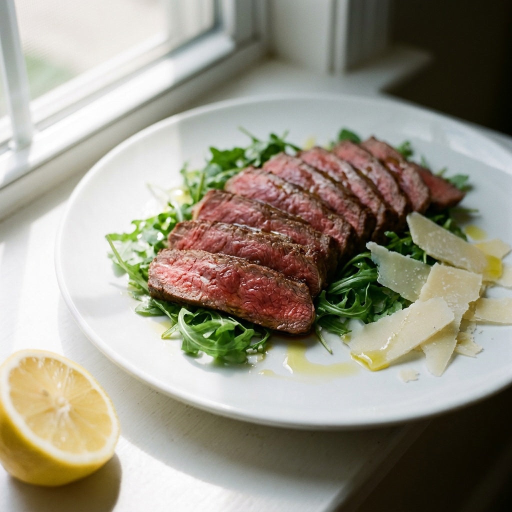 Tagliata di Manzo con Rucola e Grana plated over arugula with cheese shavings