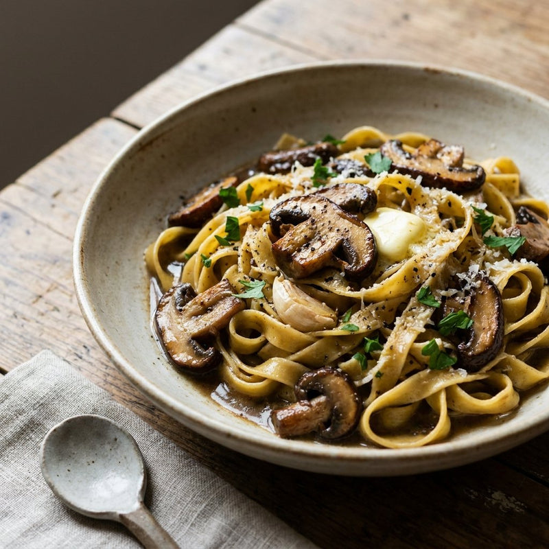 Tagliatelle ai Funghi plated in a shallow bowl